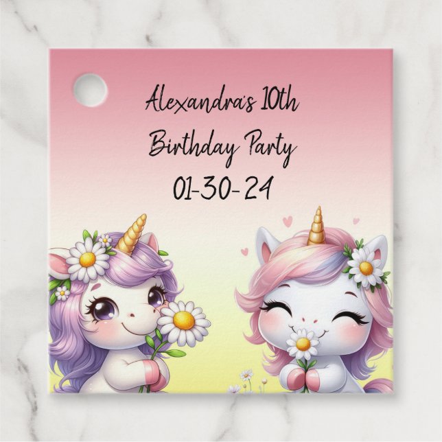 Étiquettes Cadeau Unicornes et marguerites, fête d'anniversaire merc (Devant)