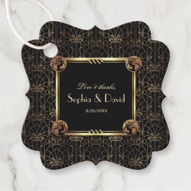Étiquettes Cadeau Unique Gold Black Great Gatsby Art Déco Mariage (Devant)