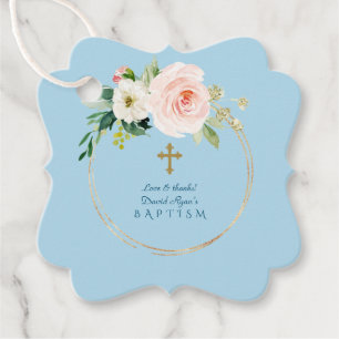 Étiquettes Cadeau Unique Rose Blush Floral Gold Cross Boy Baptism