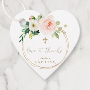 Étiquettes Cadeau Unique rose Floral Croix Or Calligraphie Baptême