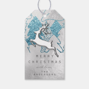 Étiquettes-cadeau Vacances Argent Bleu Gris Reindeer de Noël 3D