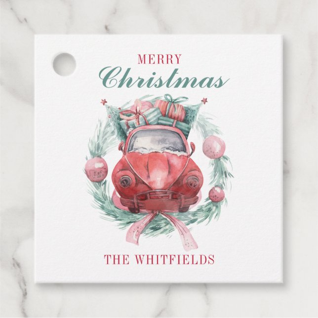Étiquettes Cadeau Vacances de Noël de la famille Werath Rouge Voitur (Devant)