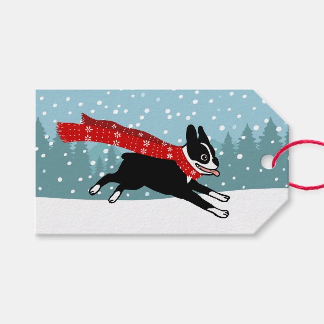 Étiquettes-cadeau Vacances d'hiver à Boston Terrier (Devant (Horizontal))