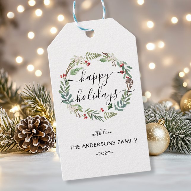 Étiquettes-cadeau Vacances Joyeuses personnalisées couronne d'aquare (Personalized Happy Holidays watercolor wreath Gift Tags)
