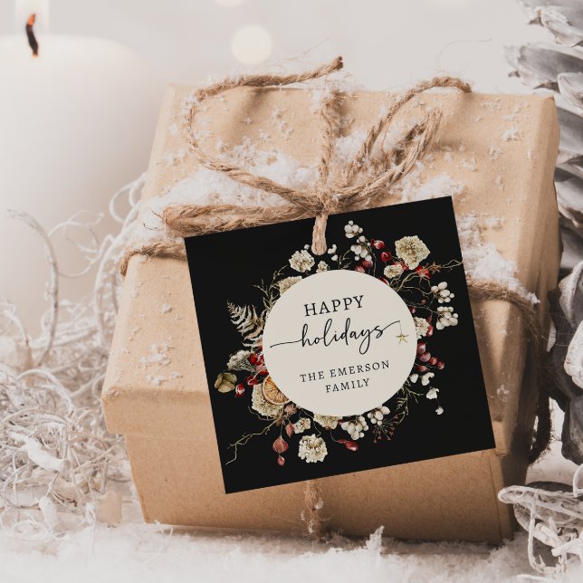 Étiquettes Cadeau Vacances noires (Happy Holidays Black Boho Botanical Christmas Favor Tags
)