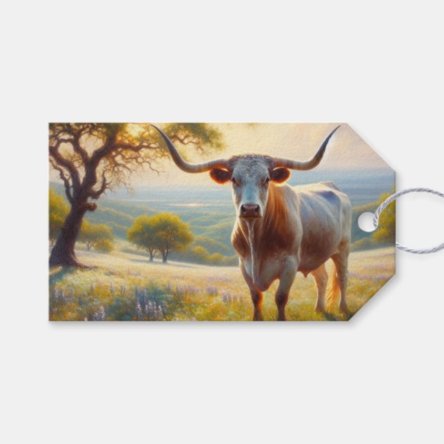 Étiquettes-cadeau Vache à landes du printemps du Texas (Devant (Horizontal))