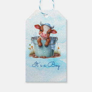 Étiquettes-cadeau Vache bébé mignonne dans le Baby shower bleu seau