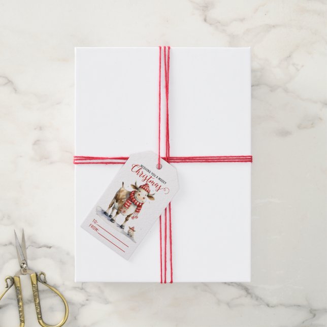 Étiquettes-cadeau Vache de Noël Pun  (Avec de la ficelle)