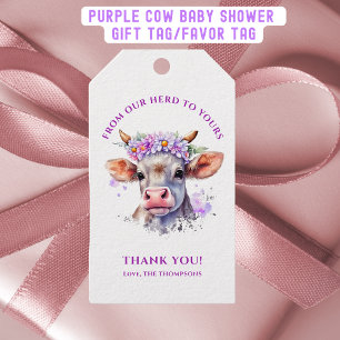 Étiquettes-cadeau Vache Floral Baby shower pourpre Merci