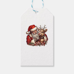 Étiquettes-cadeau Vache Highland de Noël avec Père Noël Vintage écos