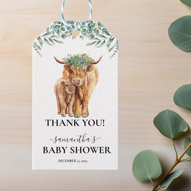 Étiquettes-cadeau Vache Highland Veau Baby Shower Eucalyptus (Créateur téléchargé)