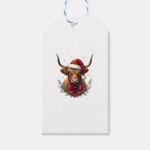 Étiquettes-cadeau Vache Highland vintage Noël au chapeau de Père Noë