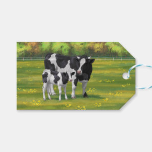 Étiquettes-cadeau Vache Holstein et veau mignon en pâturage d'été