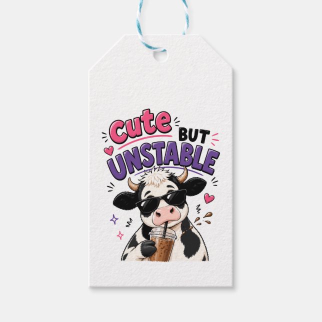 Étiquettes-cadeau Vache mignonne mais instable avec café glacé (Devant)
