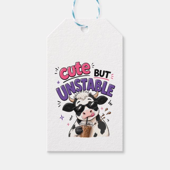 Étiquettes-cadeau Vache mignonne mais instable avec café glacé (Devant)