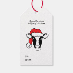 Étiquettes-cadeau Vache noire et blanche à santa chapeau drôle Noël