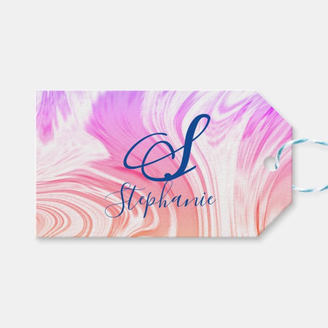 Étiquettes-cadeau Vague Abstrait Rose Blanc Monogrammes Mignon (Devant (Horizontal))
