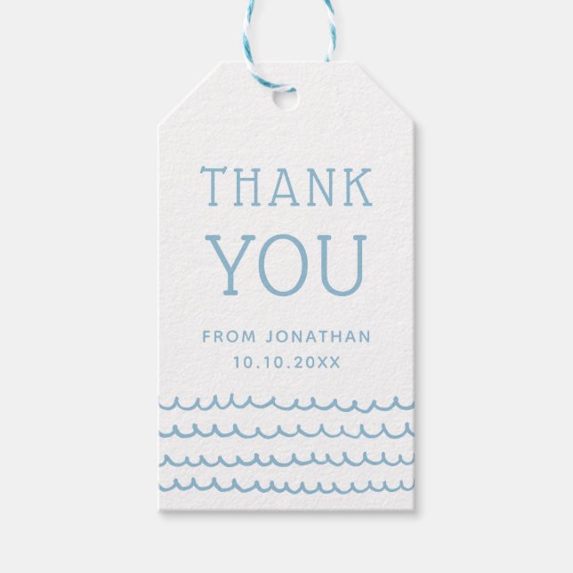 Étiquettes-cadeau Vagues de l'océan bleu | Merci pour l'anniversaire (Devant)