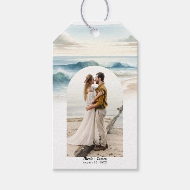 Étiquettes-cadeau Vagues de plage à l'aquarelle Photo de mariage côt (Devant)