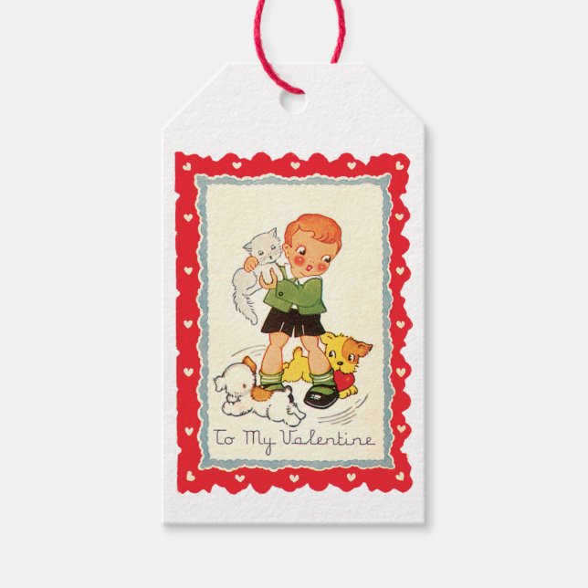 Étiquettes-cadeau Valentine Boy avec chiots et chaton (Devant)
