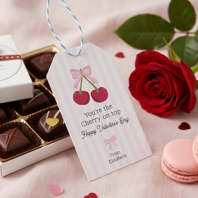 Étiquettes-cadeau Valentine's Day Cherry on Top Coquette Stripes (Créateur téléchargé)