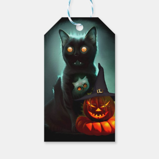 Étiquettes-cadeau Vampire Chat et Assistant Citrouille Halloween Sur (Devant)