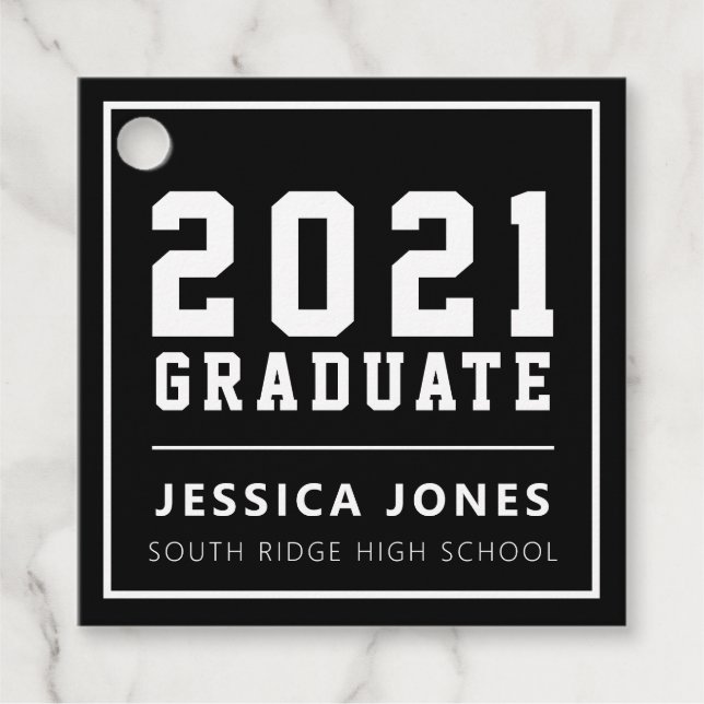 Étiquettes Cadeau Varsité moderne noir et blanc | Classe de 2021 Fav (Devant)