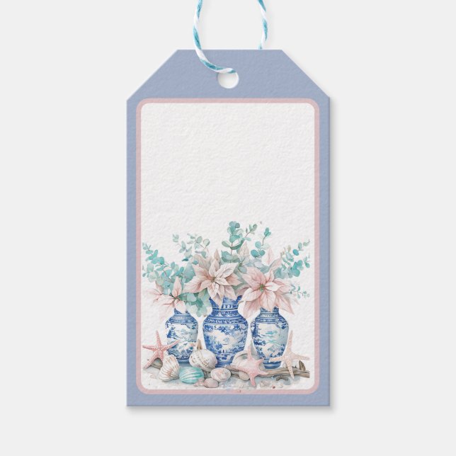 Étiquettes-cadeau Vases Chinoiserie avec Eucalyptus & Poinsettias (Devant)