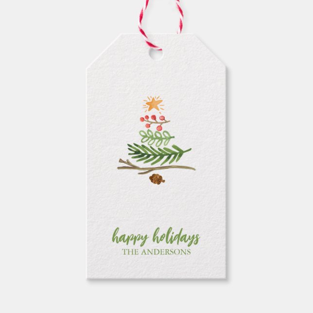 Étiquettes-cadeau Végétation d'hiver Aquarelle Arbre de Noël (Devant)