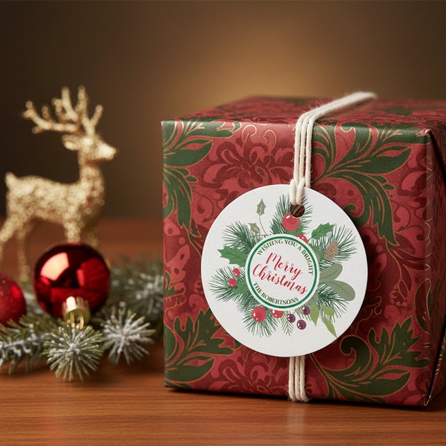 Étiquettes Cadeau Végétation d'hiver Wreath Joyeux Noël (Créateur téléchargé)