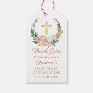 Étiquettes-cadeau Végétation florale rose Première communion sainte