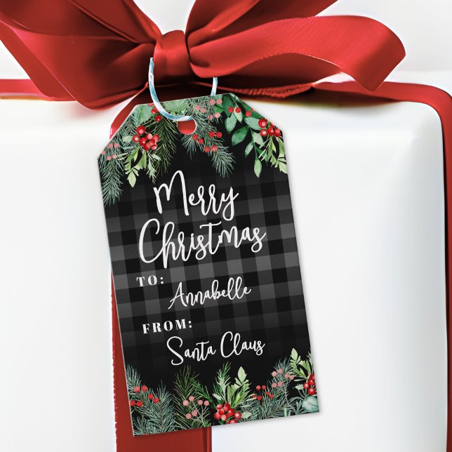 Étiquettes-cadeau Végétation Joyeux Noël noir (Greenery Plaid Merry Christmas Gift Tags)