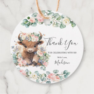 Étiquettes Cadeau Végétation rose Florale Cute Highland Vache Merci