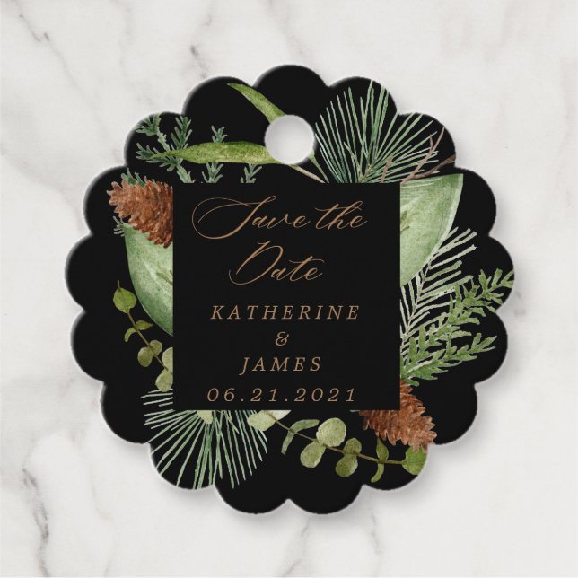 Étiquettes Cadeau verdure d'hiver élégant enregistrer la date (Devant)