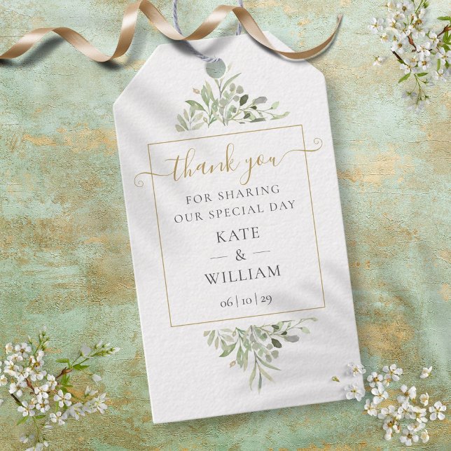 Étiquettes-cadeau Verdure Gold Script Merci Mariage Favor Cadeau (Greenery Gold Script Thank You Wedding Favor Gift Gift Tags)