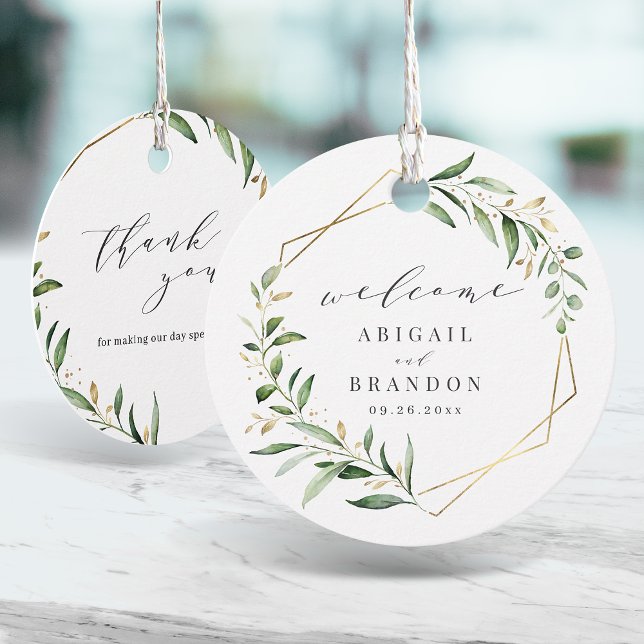 Étiquettes Cadeau Verdure moderne or géométrique Mariage rustique gé (Modern Greenery Gold Geometric Rustic Wedding Favor Tags)