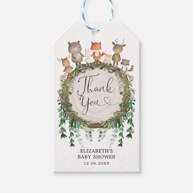 Étiquettes-cadeau Verdure rustique Bois Animaux Baby shower Favorise (Devant)