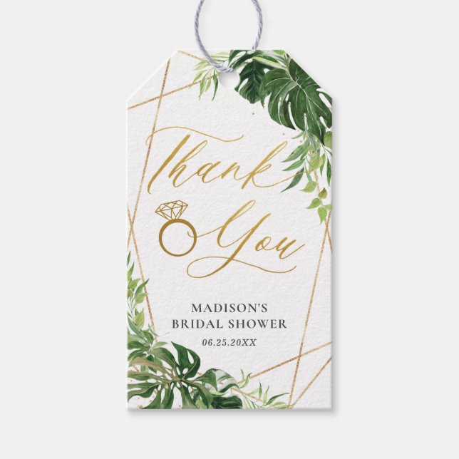 Étiquettes-cadeau Verdure tropicale Or Fête des mariées géométrique (Devant)