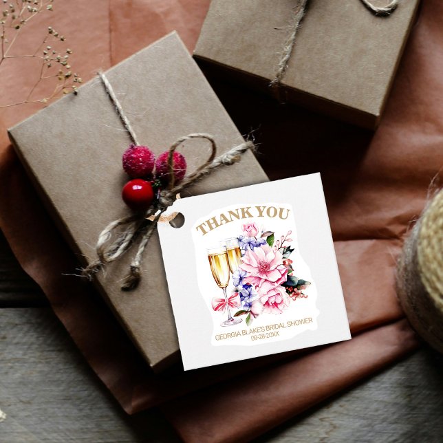 Étiquettes Cadeau Verre à Champagne Fleurs Roses Merci (Créateur téléchargé)