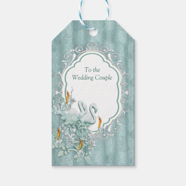 Étiquettes-cadeau Verres de soie verte Sage & fleurs de flamants (Devant)