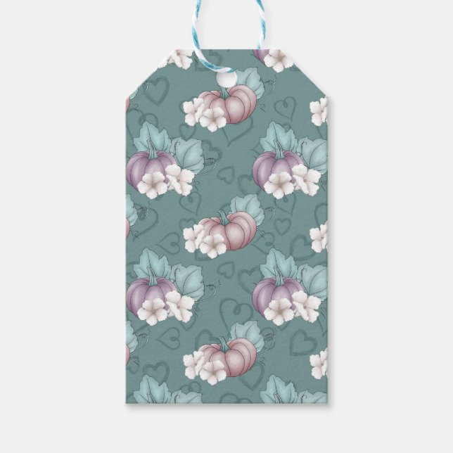ÉTIQUETTES-CADEAU VERT AVEC FLEURS DE CRÈME & CITROUILLES ROSE & VID (Devant)
