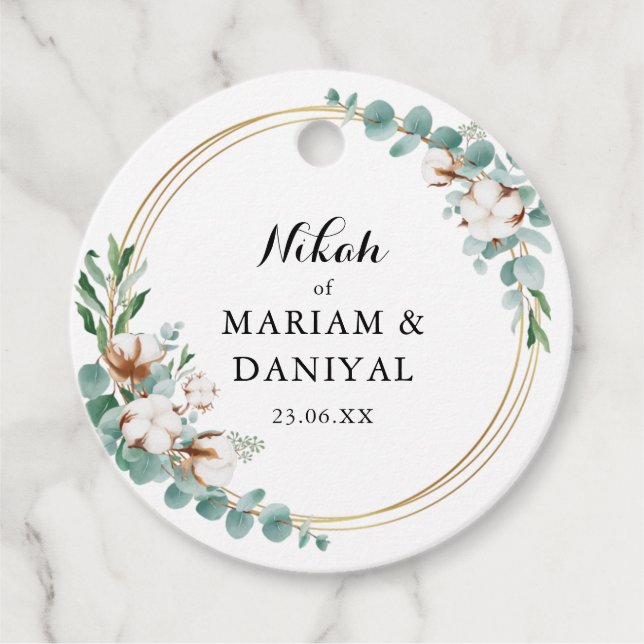 Étiquettes Cadeau Vert blanc Or Floral musulman Nikah Mariage (Devant)