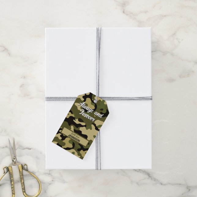 Étiquettes-cadeau Vert camouflage, Marron, Beige & Noir (Avec de la ficelle)