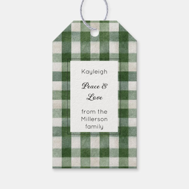 Étiquettes-cadeau Vert Crème Carreaux Rayures Noël Rectangle   (Devant)