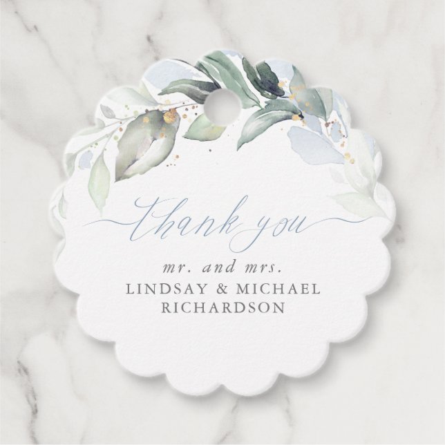 Étiquettes Cadeau Vert Elégant Dusty Blue Mariage Merci (Devant)