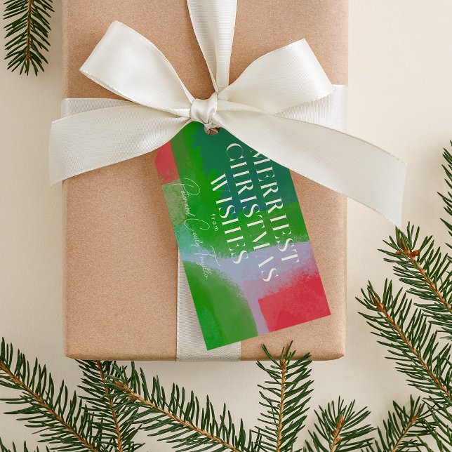 Étiquettes-cadeau Vert et Rouge Artificiellement Peint Noël Abstrait (Créateur téléchargé)