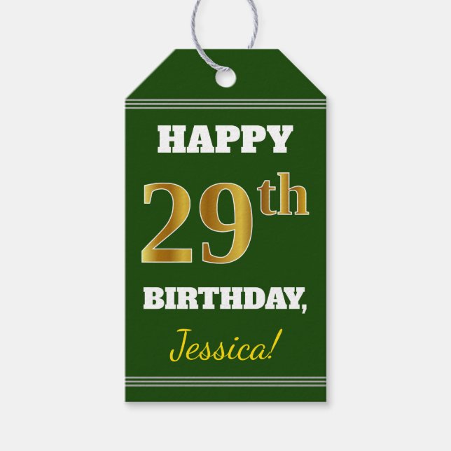 Étiquettes-cadeau Vert, Faux Gold 29e anniversaire + Nom personnalis (Devant)