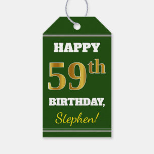 Étiquettes-cadeau Vert, Faux Gold 59e anniversaire + Nom personnalis