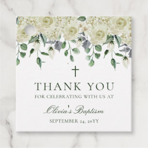Étiquettes Cadeau Vert floral blanc Baptême Merci Favoriser