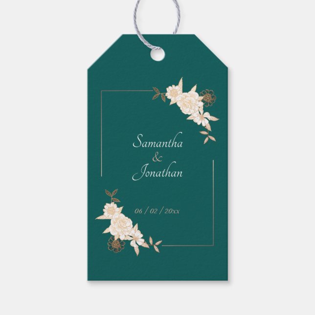Étiquettes-cadeau Vert foncé avec Mariage Rose crème (Devant)